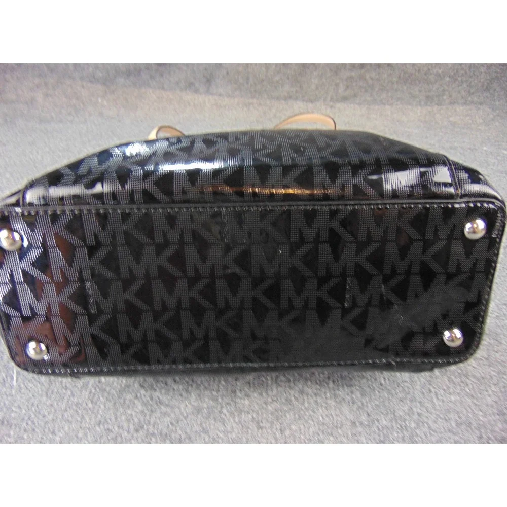 Michael Kors Jet Set Travel Tote Black Patent MK Logo Monogram Bag 35S6MTTT8Z